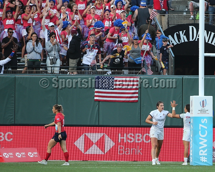 2018RugbySevensFri-42.JPG - Fans react after Abby Gustaitis  (r) scores a try in the quarterfinal women's match between the United States and Russia at the the 2018 Rugby World Cup Sevens, July 20-22, 2018, held at AT&T Park, San Francisco, CA. USA defeated Russia 33-17.